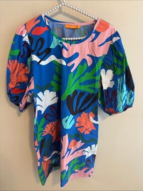 Oliphant Women's Large 100% Cotton Puff Sleeve Dress Blue Abstract Print